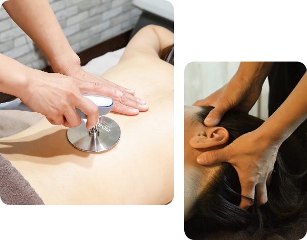 画像：ベッドに横になった女性に高周波温熱機器を使用して施術している 画像：女性の頭部マッサージの施術している画像